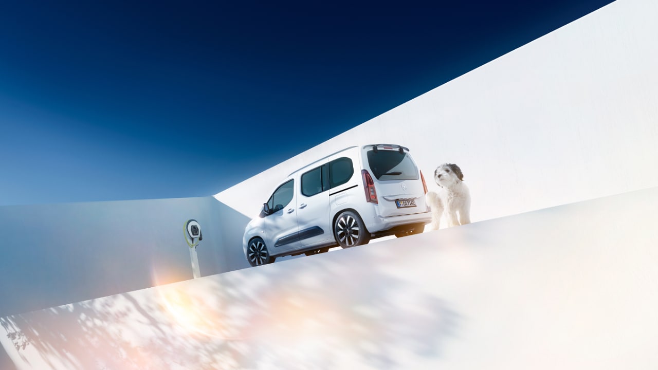 Pogled z zadnje strani na bel Opel Combo Electric in psa ob polnilni omarici