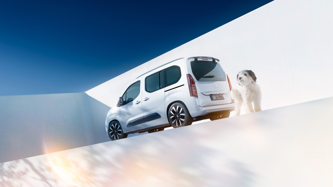 Pogled od zadaj na bel Opel Combo in psa ob omarici za polnjenje